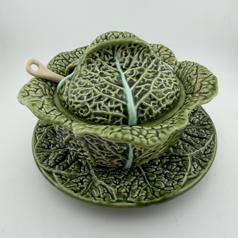 Costa Pereira Cabbage Leaf Tureen Set OS Green Majolica Portugal Vintage